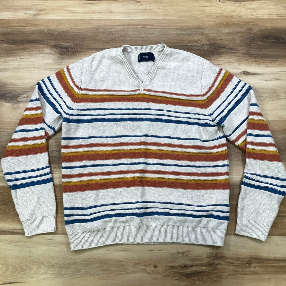 Lucky Brand Sweater Mens Large Striped Cotton Linen V-Neck Heritage Beige L